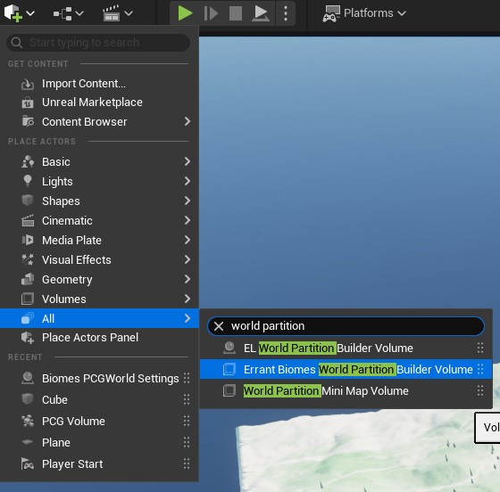Build Errant Landscape menu option